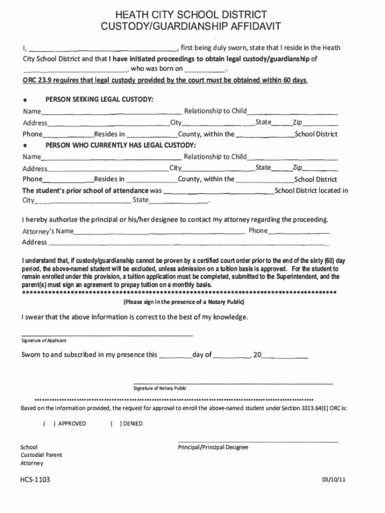 Fillable Online Heath City School District Custody/Guardianship Affidavit Fax Email Print