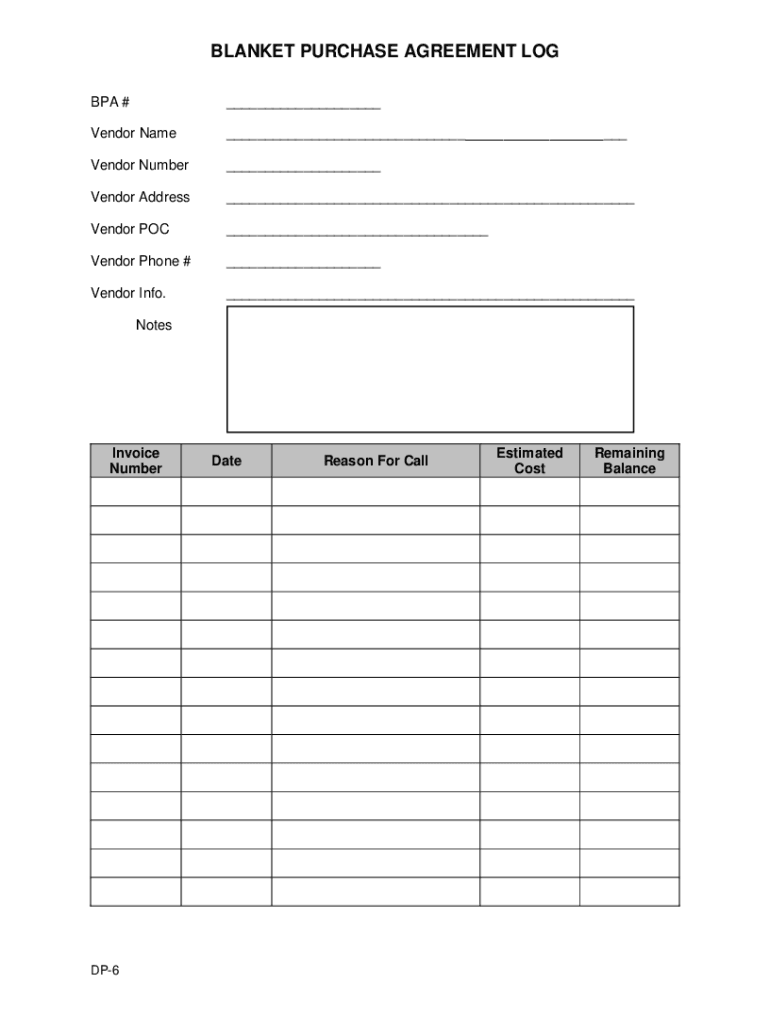 Fillable Online Blanket Purchase Agreement Summary and Log Template Fax