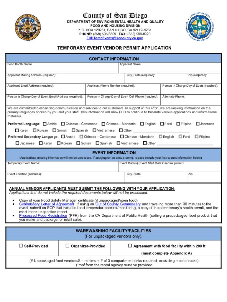 Temporary Food Facility Vendor Application Preview on Page 1