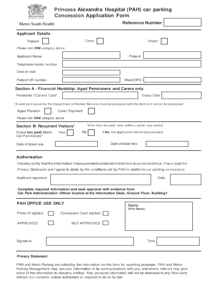 Fillable Online metrosouth health qld gov PAH Car Parking Concession