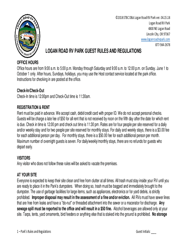 Fillable Online LOGAN ROAD RV PARK GUEST RULES AND REGULATIONS Fax