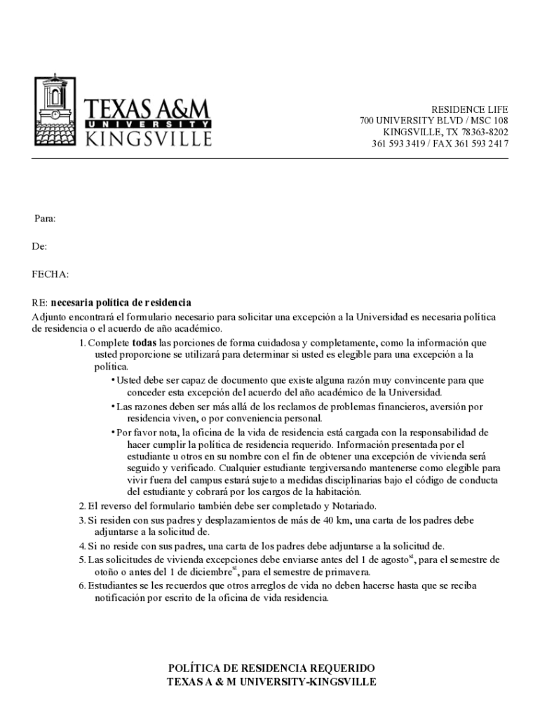 Completable En línea Housing Exception Request Spanish.docx Fax Email Imprimir pdfFiller