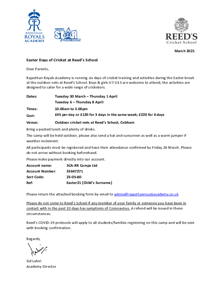 Fillable Online Easter Days of Cricket at Reed's School Fax Email Print