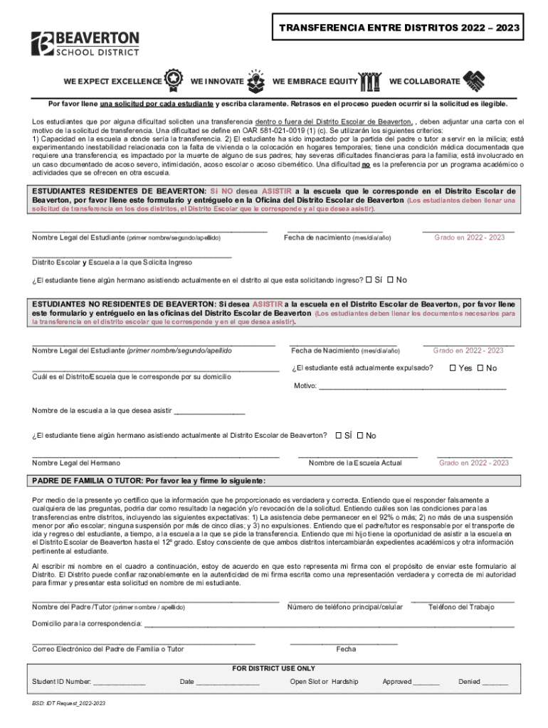 Completable En línea Student Transfers / Interdistrict Transfer (DPS