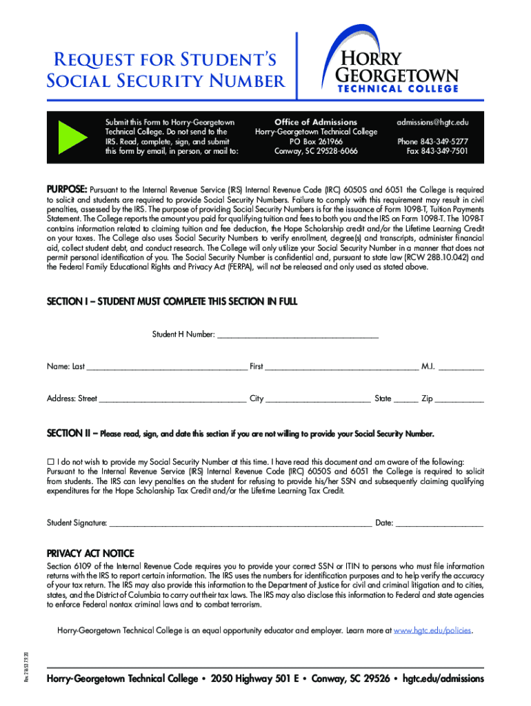 Fillable Online Request for Student's Social Security Number Fax Email ...