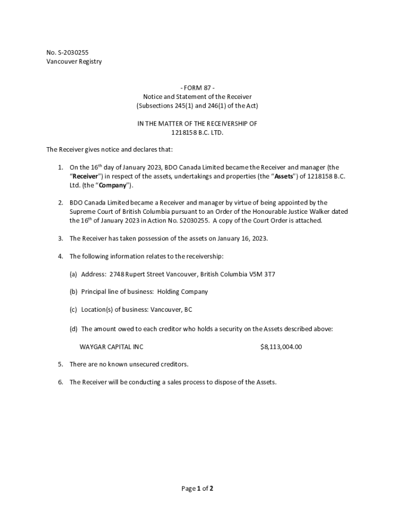 Fillable Online Notice and Statement of the Receiver (1218158 B.C. Ltd