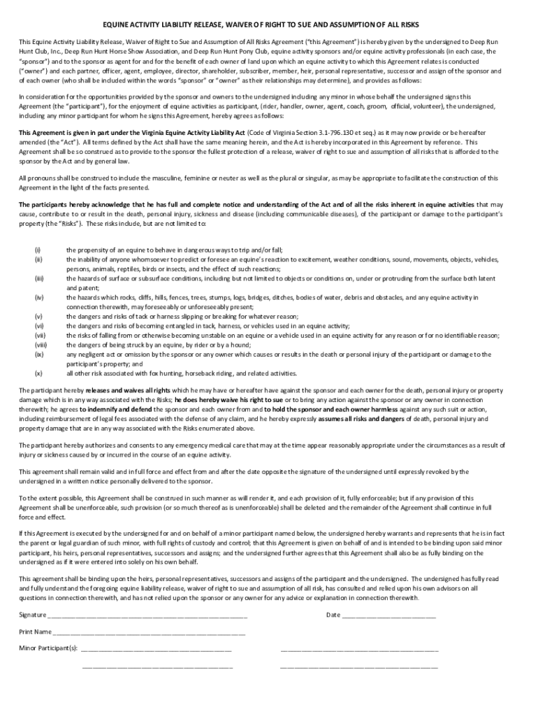 Fillable Online equine activity liability release, waiver of right to ...