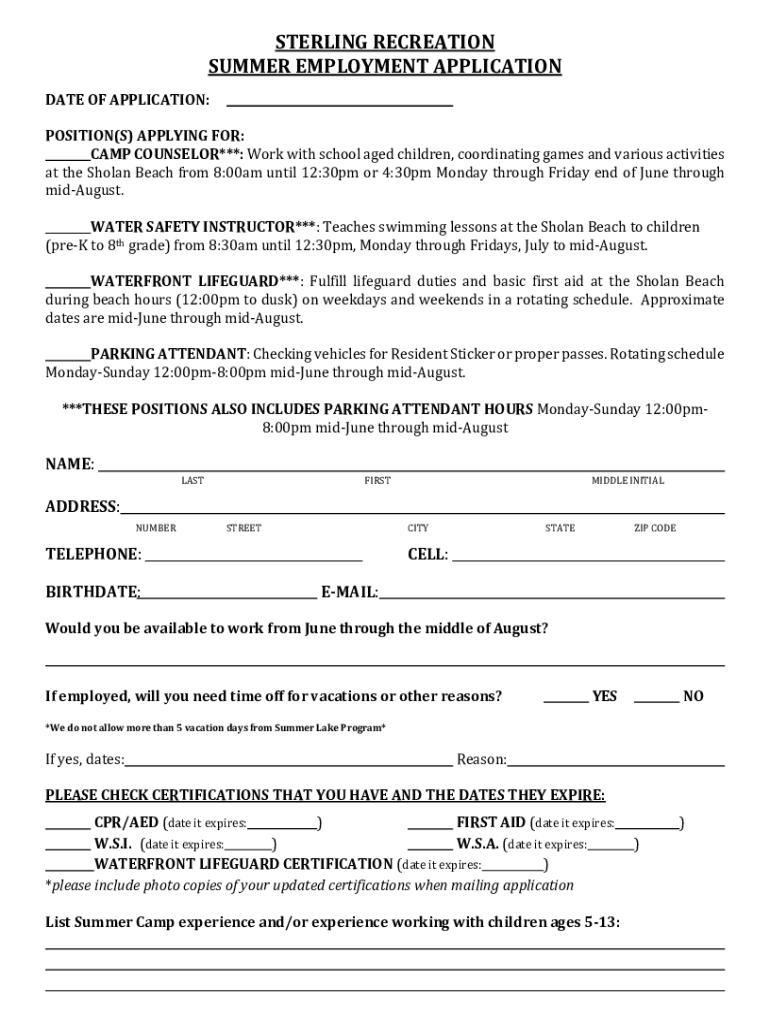Fillable Online STERLING RECREATION SUMMER EMPLOYMENT APPLICATION Fax