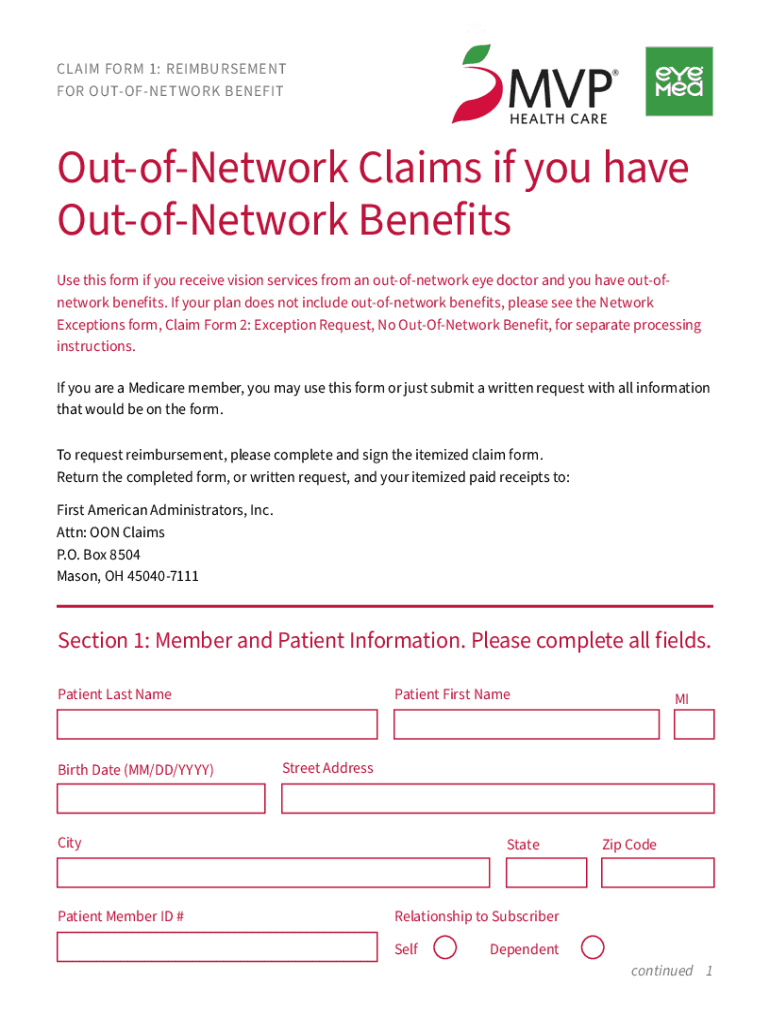 Fillable Online out of network vision care claim form Fax Email Print