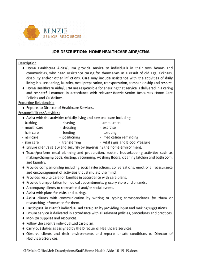 Fillable Online Home Health Aide Job Description Template Fax Email