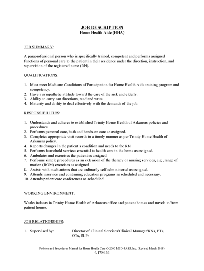 Fillable Online What is a Home Health Aide job description? Care