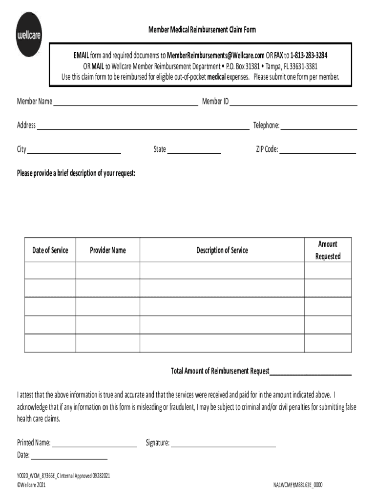 Fillable Online Member Medical Reimbursement Claim Form Member Name Fax Email Print pdfFiller