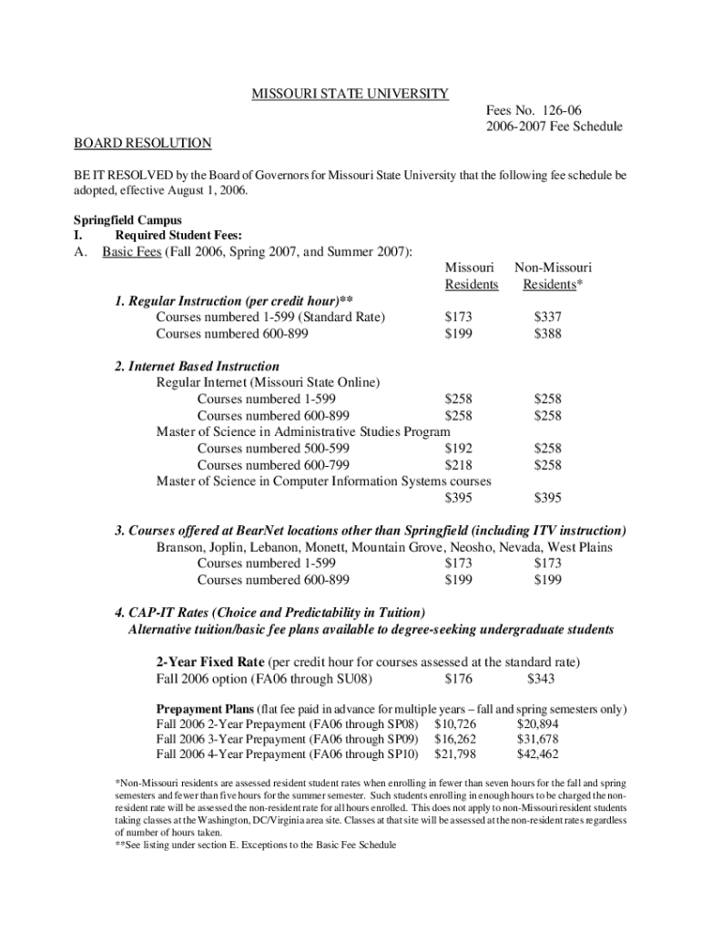 Fillable Online Tuition, Costs and Fees Missouri State Fax Email
