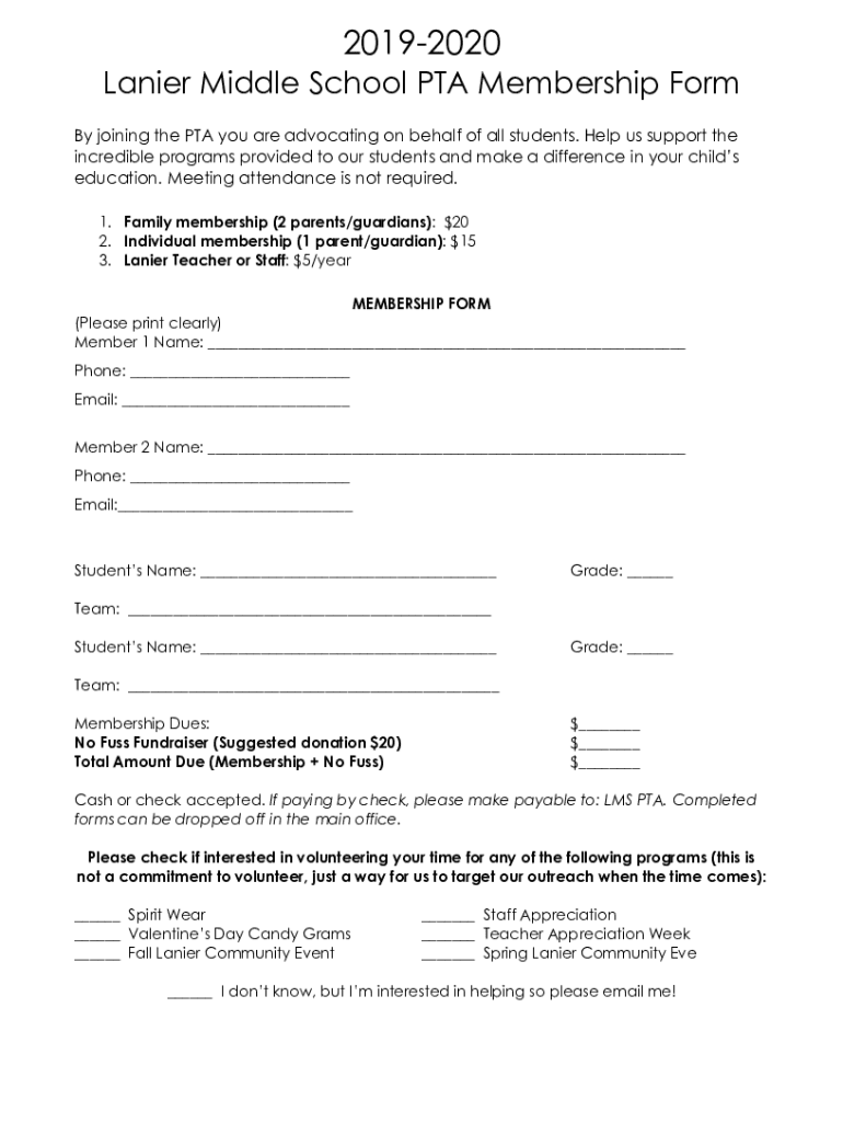 Fillable Online Lanier Middle School PTA Membership Form Fax Email