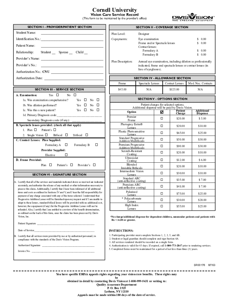 Fillable Online Vision Enrollment Student Health Benefits Cornell