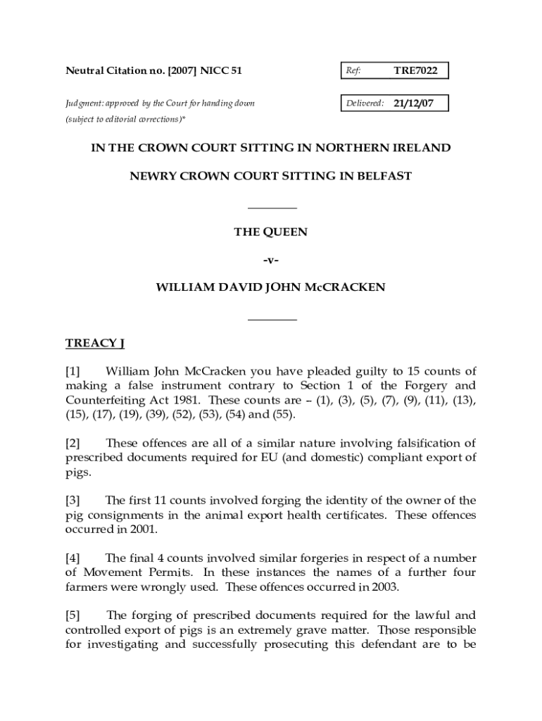 Fillable Online IN THE CROWN COURT SITTING IN NORTHERN IRELAND Fax Email Print pdfFiller