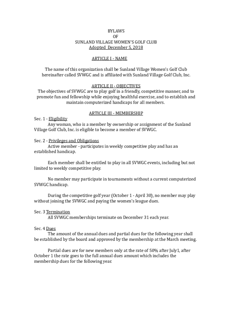 Fillable Online BYLAWS OF SUNLAND VILLAGE WOMEN'S GOLF CLUB Adopted