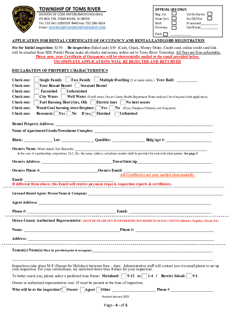 Fillable Online Rental Certificate of Occupancy Packet Toms River