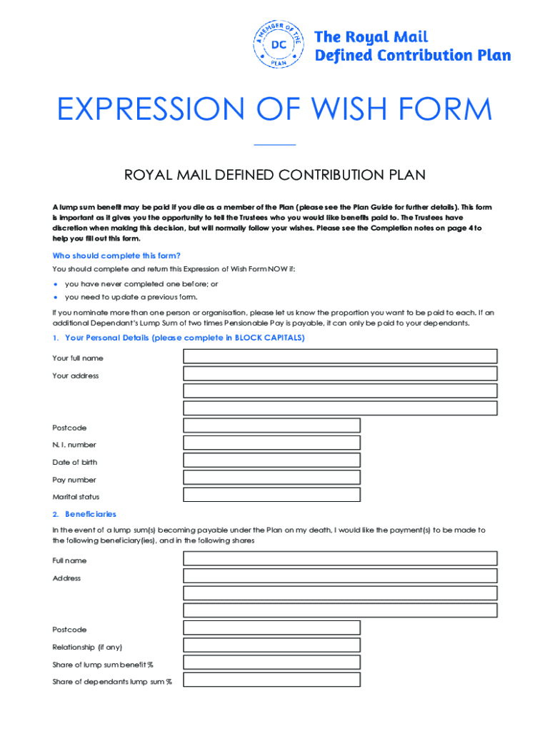Fillable Online Royal Mail Expression of Wish form Fax Email Print pdfFiller