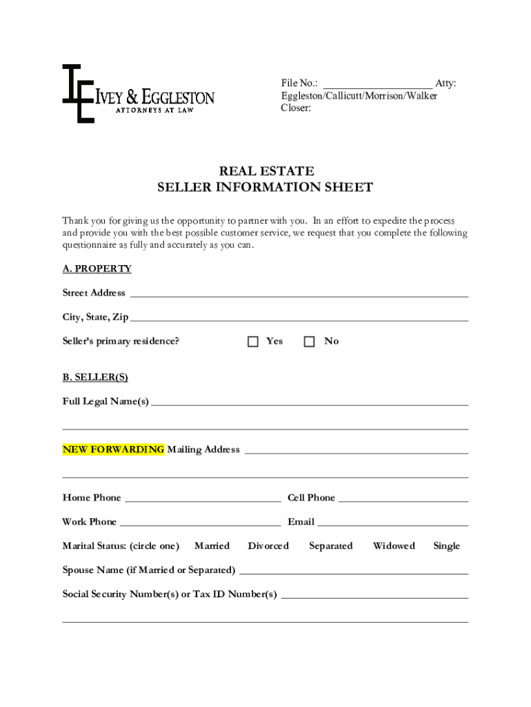 Fillable Online REAL ESTATE SELLER INFORMATION SHEET Fax Email Print
