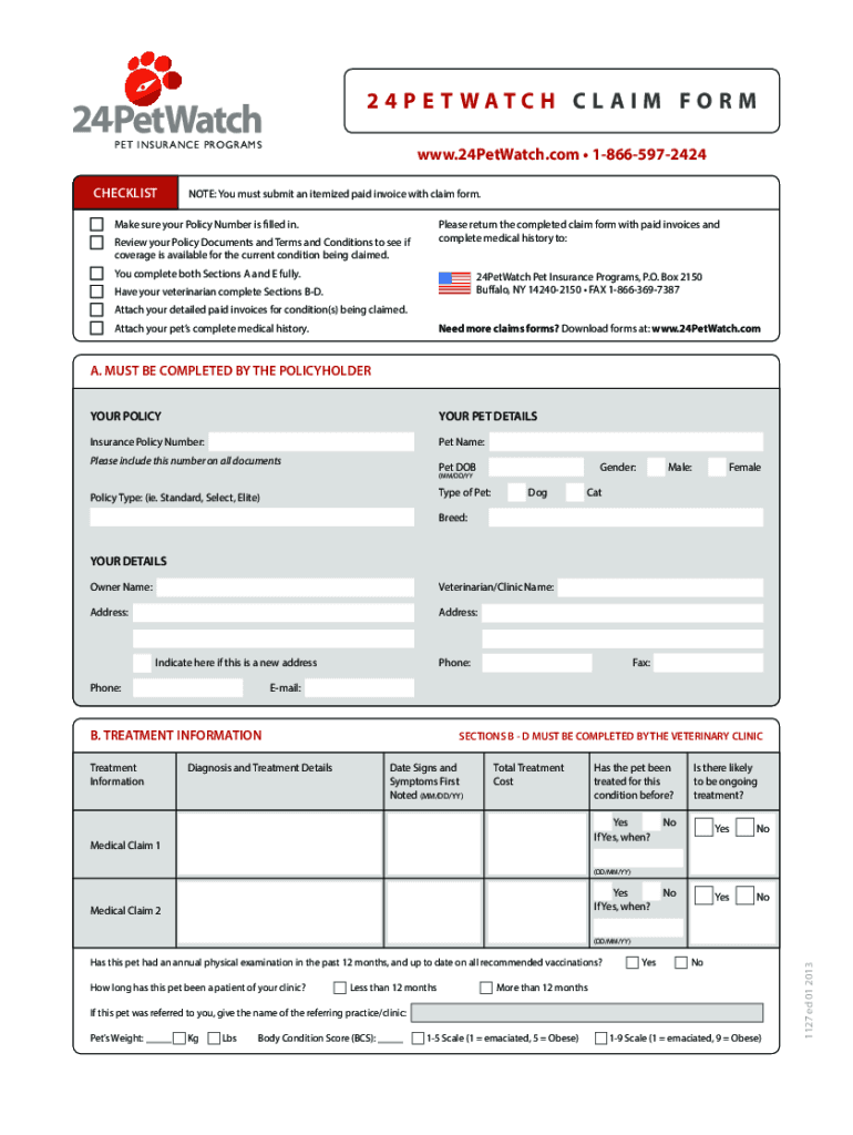 Fillable Online 24Petwatch Claim Form. Shopping and Services Fax Email ...
