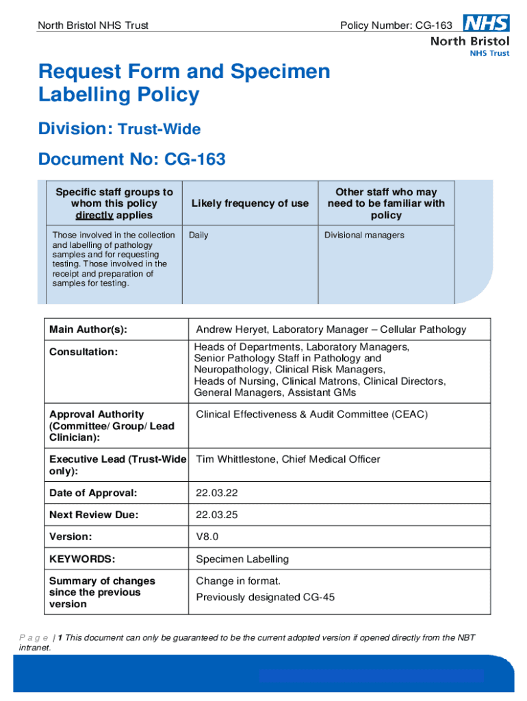 Fillable Online Specimen and Request Form Labelling Policy Fax Email