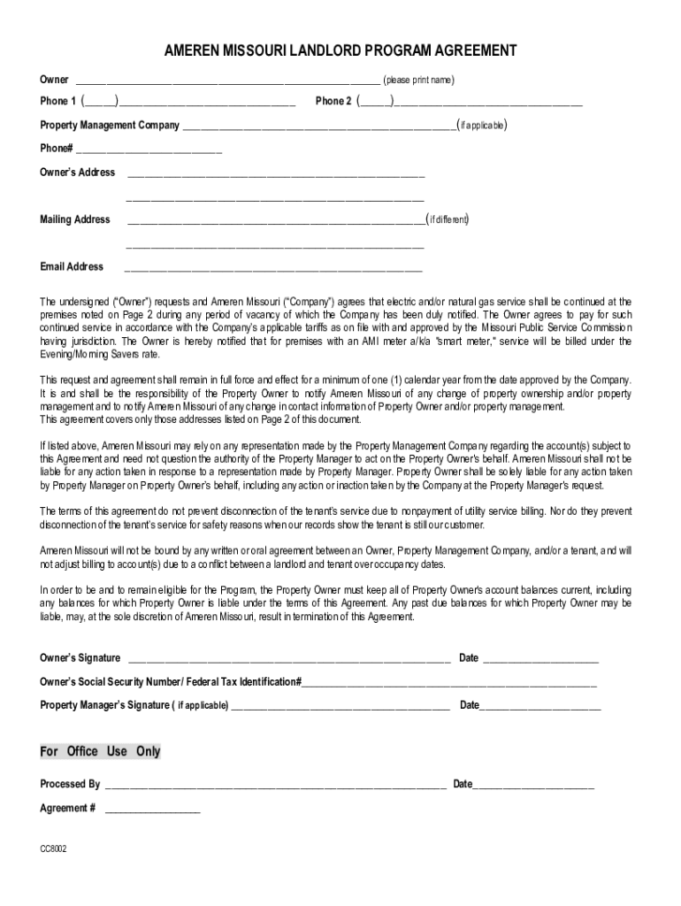 Fillable Online AMEREN MISSOURI LANDLORD PROGRAM AGREEMENT Fax Email