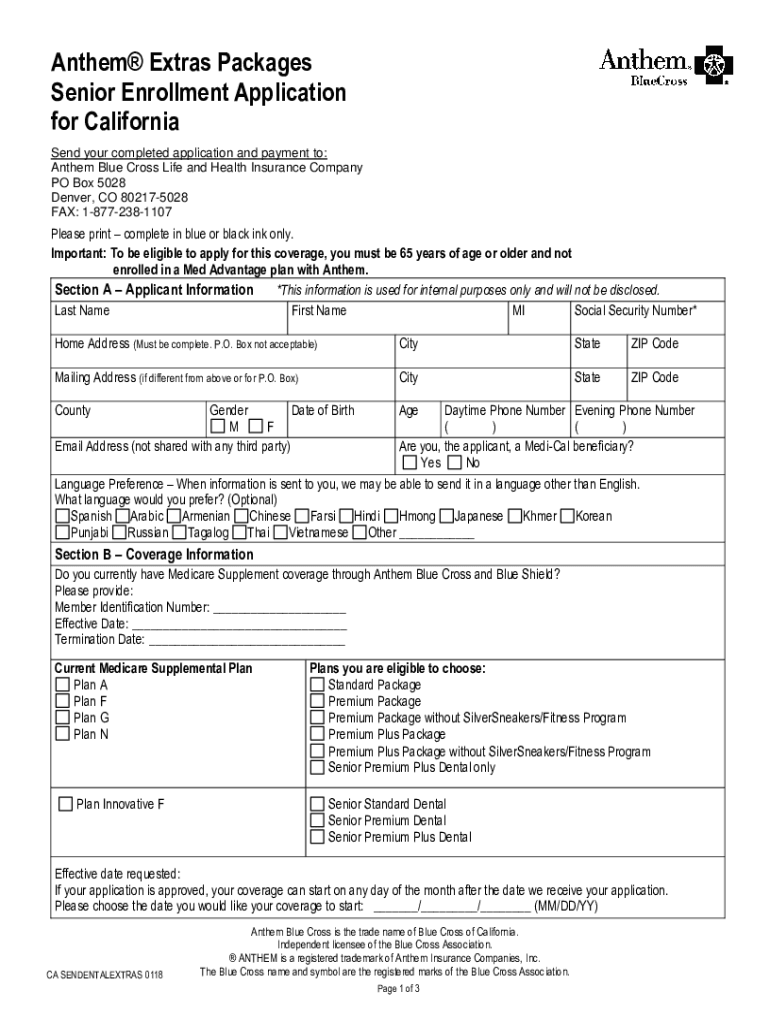 Fillable Online anthem extras packages senior enrollment application