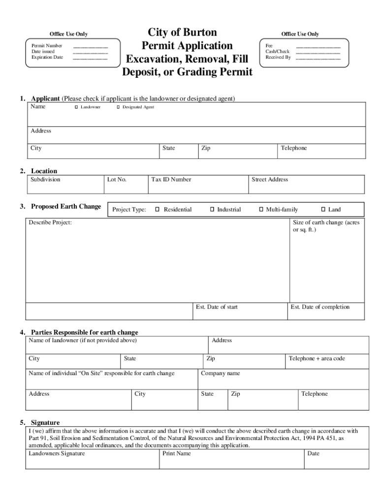Fillable Online City of Burton Permit Application Excavation, Removal