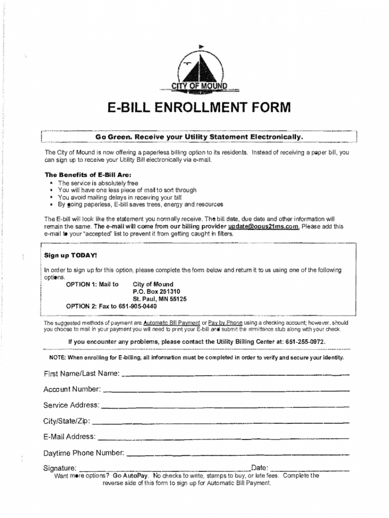 Fillable Online Mound Utility Bill Paperless Statement Enrollment Fax Email Print pdfFiller