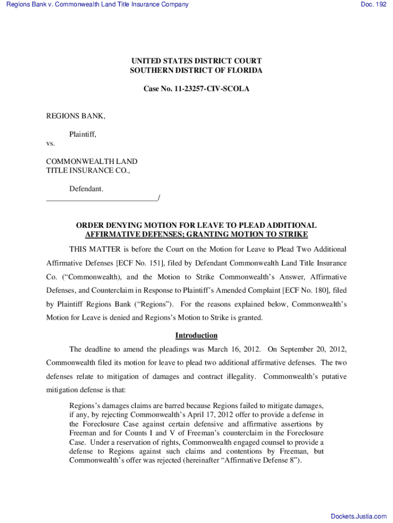 Fillable Online Regions Bank v. Commonwealth Land Title Ins. Co.977 F