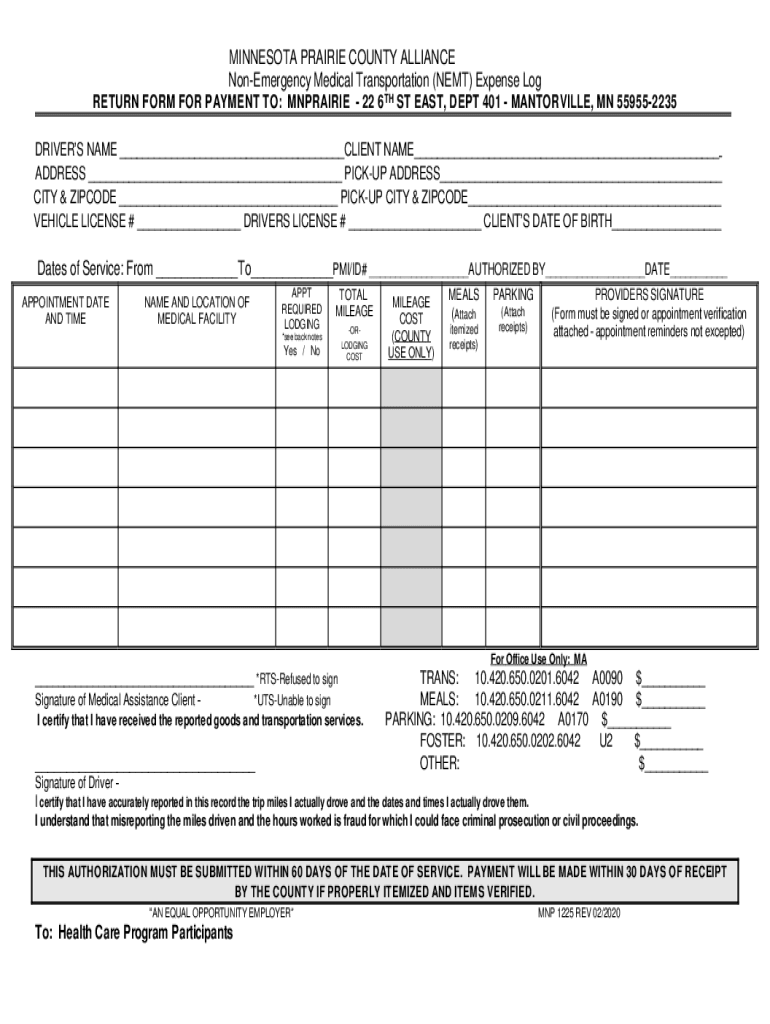 Non-Emergency Medical Transportation Expense Log - MN Preview on Page 1