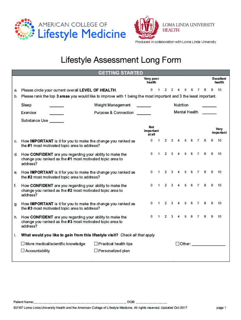Lifestyle Assessment Long Form Preview on Page 1