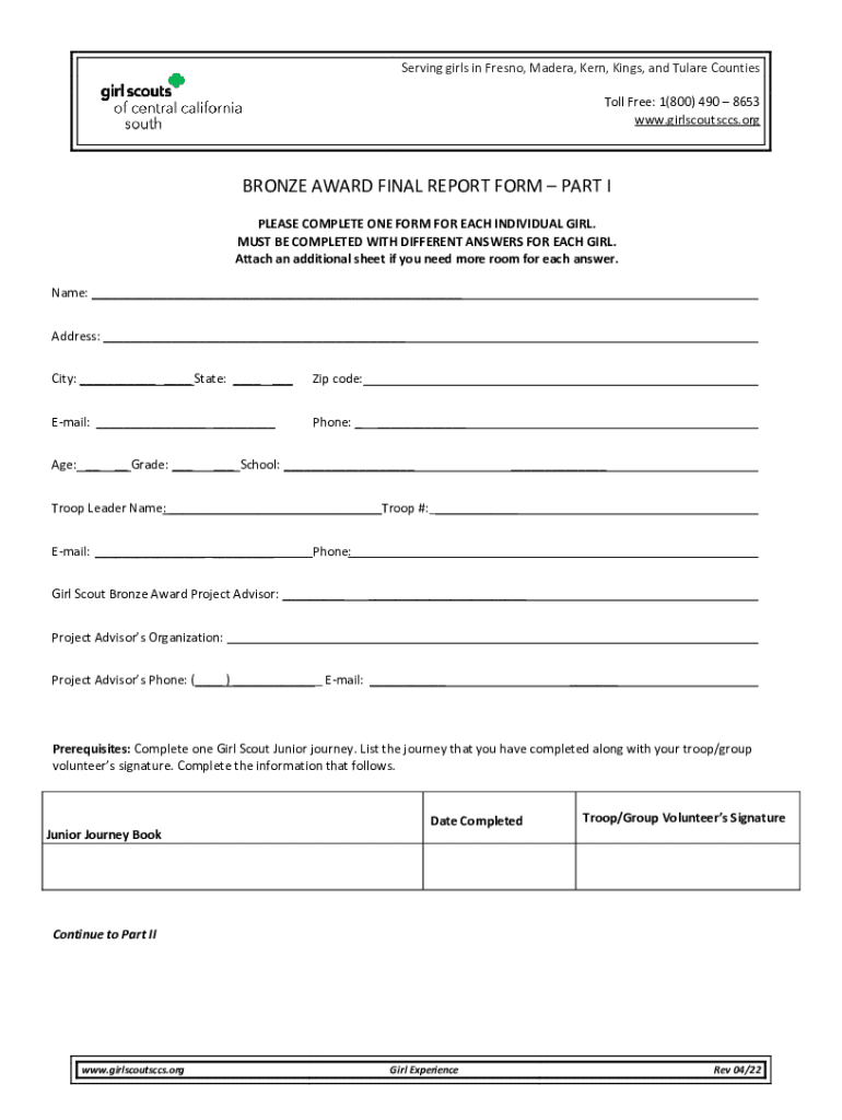 Fillable Online BRONZE AWARD FINAL REPORT FORMPART I Fax Email Print