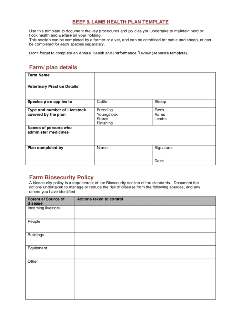 Beef and Lamb Health Plan Template Preview on Page 1