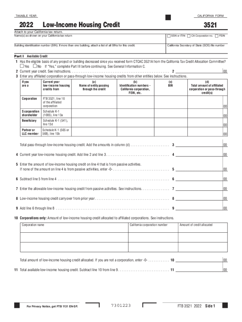 California Form 3521 (Low-Income Housing Credit) Preview on Page 1