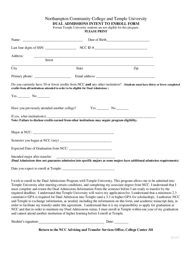 Fillable Online DUAL ADMISSIONS INTENT TO ENROLL FORM Fax Email Print