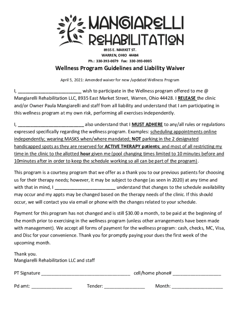 Fillable Online Wellness Program Guidelines and Liability Waiver Fax