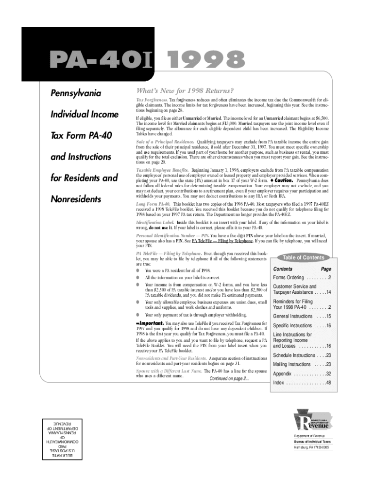 Fillable Online 1998 PA Individual Tax Return Instructions (PA