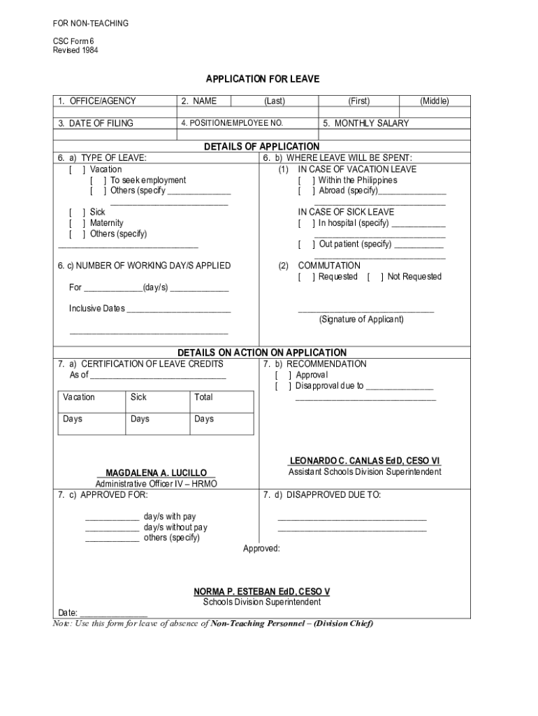 Fillable Online CSC Form 6 Application for Leave for Non-Teaching ...