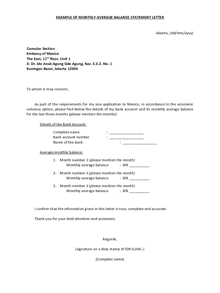 Fillable online example of monthly average balance statement letter fax