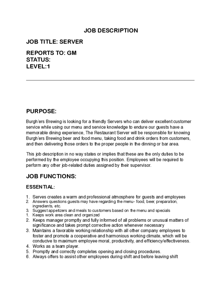 Fillable Online Restaurant Server job description sample (Free and