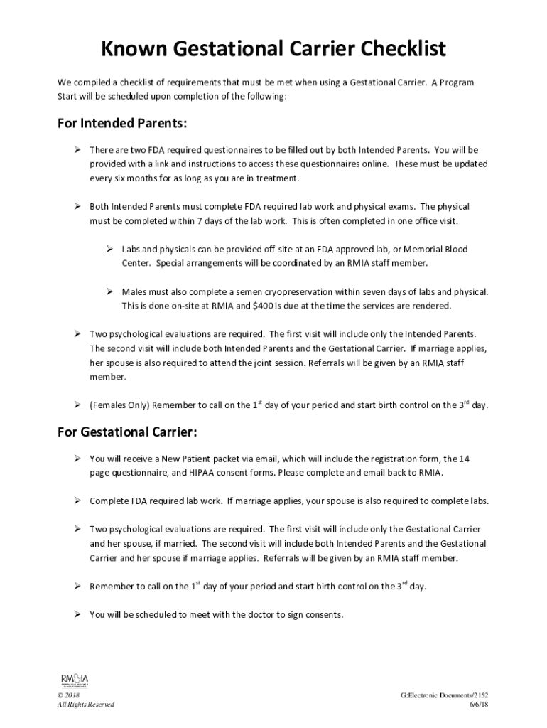 Fillable Online Registration Form for Gestational Carriers.doc Fax