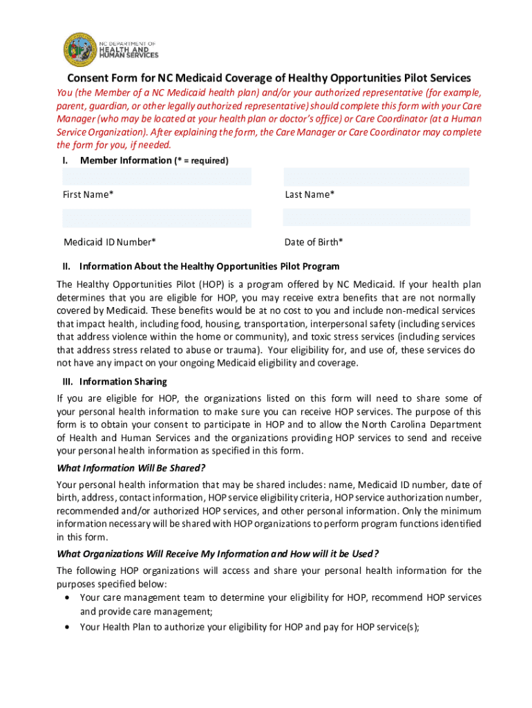 Fillable Online Consent Form for NC Medicaid Coverage of Healthy