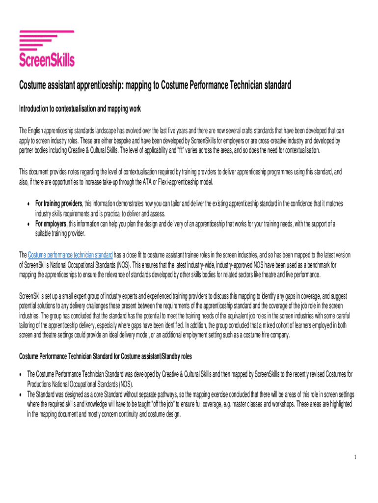 Fillable Online Costume assistant apprenticeship mapping to Costume