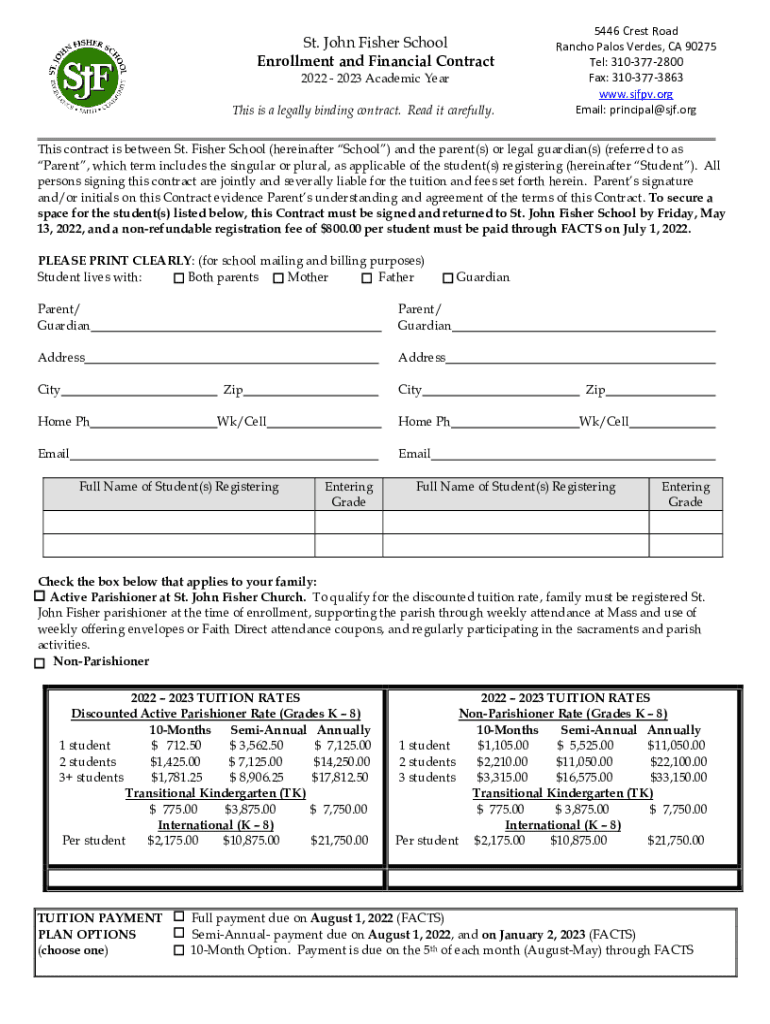 Fillable Online St. John Fisher School Enrollment and Financial