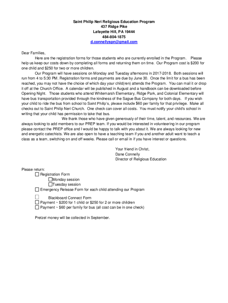 Fillable Online Saint Philip Neri Religious Education Program Fax Email