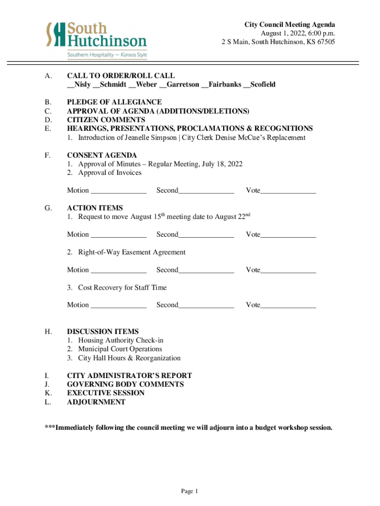 Fillable Online South Hutchinson City Council takes first look at