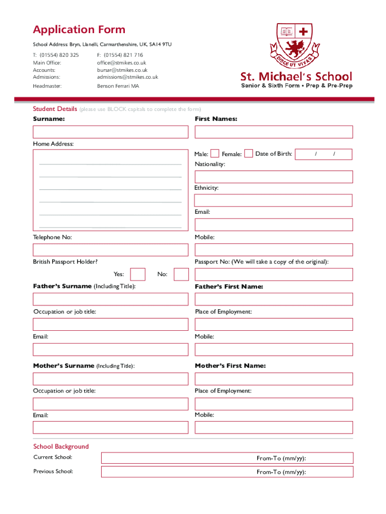 Fillable Online St Michaels Application Form Fax Email Print pdfFiller