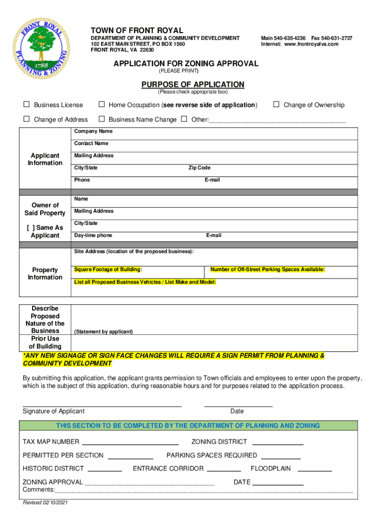 Fillable Online TOWN OF FRONT ROYAL APPLICATION FOR ZONING APPROVAL